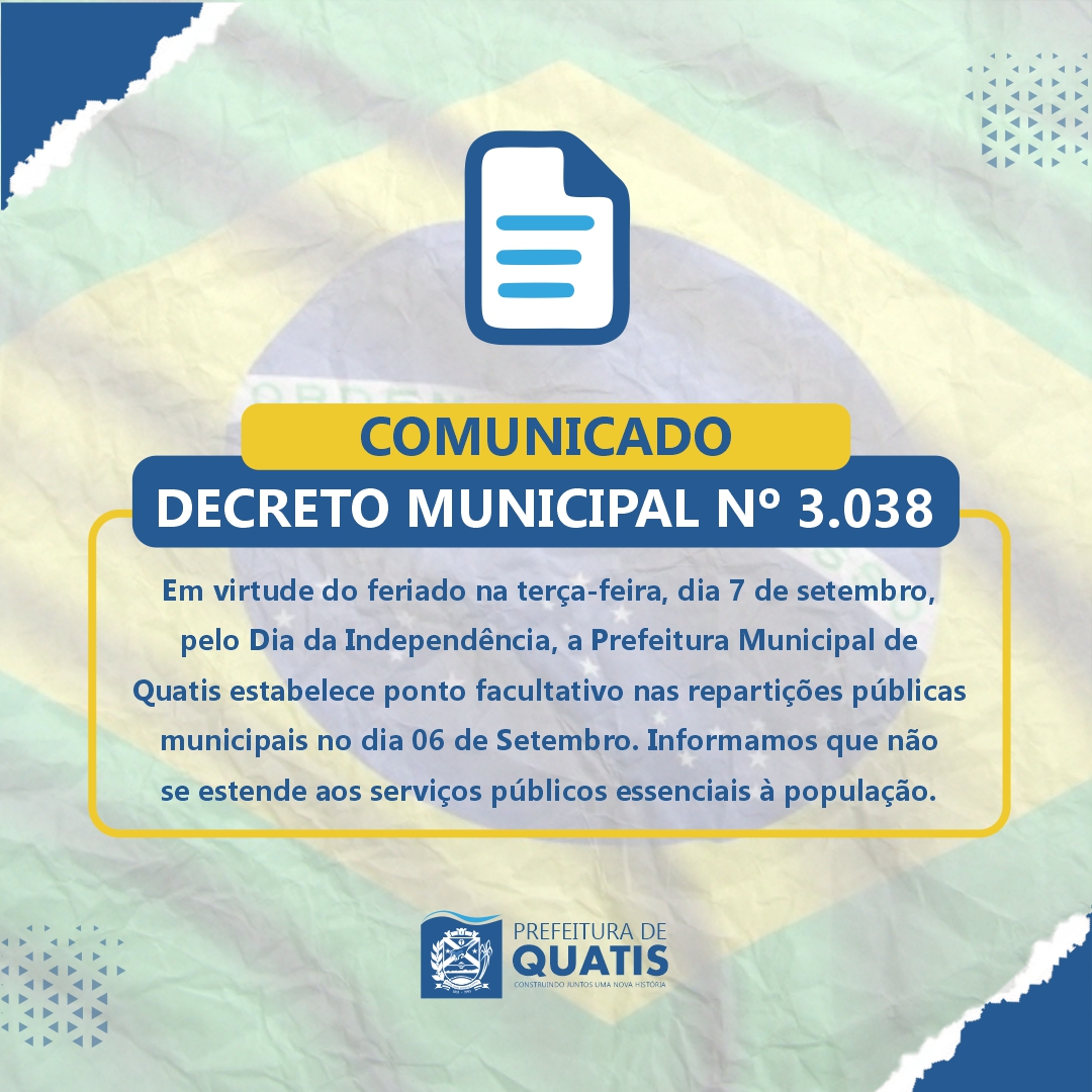 COMUNICADO PONTO FACULTATIVO NO DIA 6 DE SETEMBRO Prefeitura