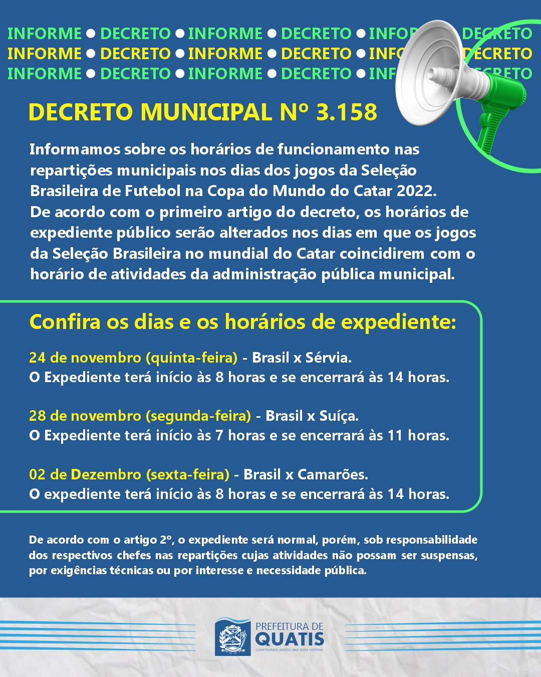 Prefeitura terá horários especiais em dias de jogos do Brasil na Copa do  Mundo. 