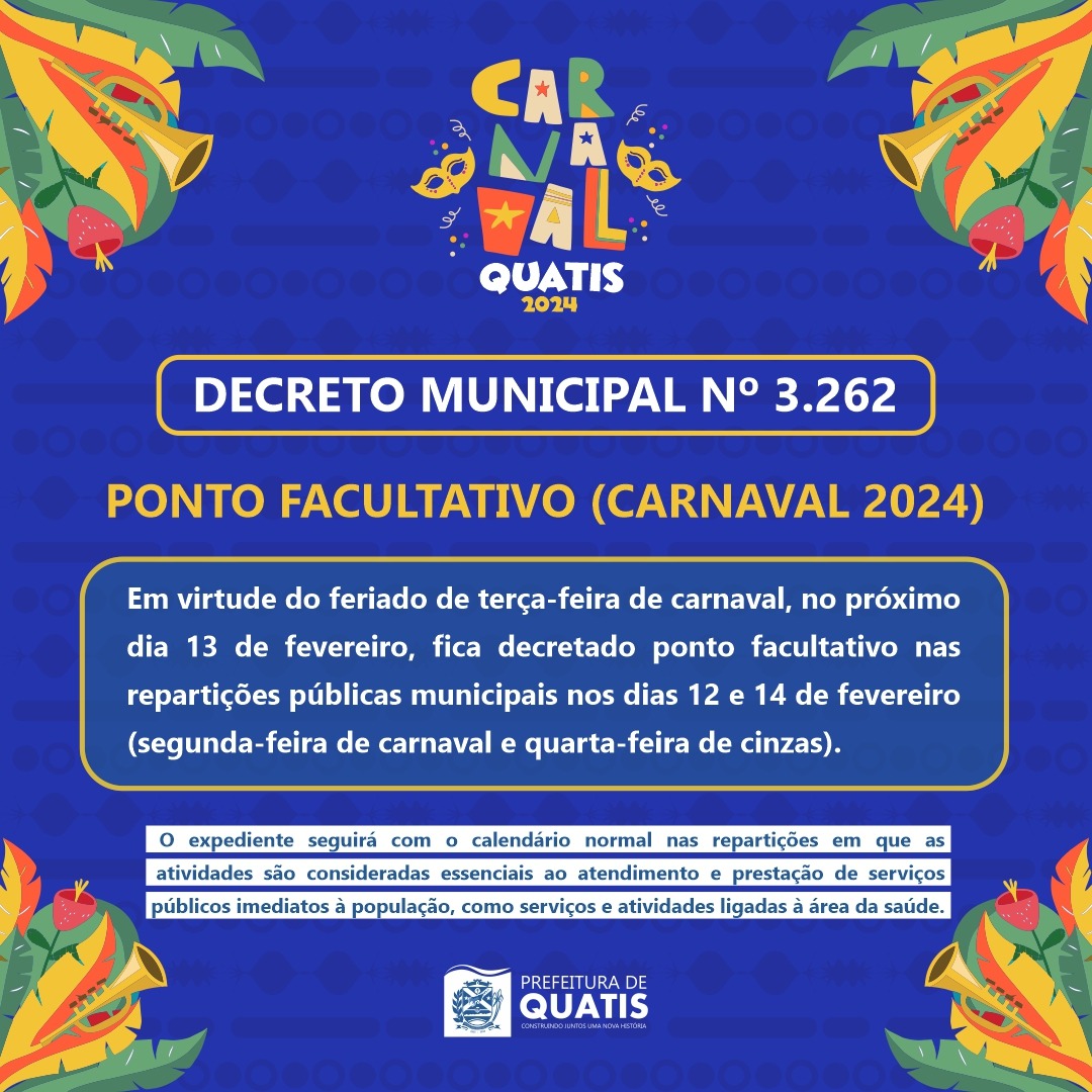 COMUNICADO DECRETO DE PONTO FACULTATIVO NO CARNAVAL 2024 Prefeitura